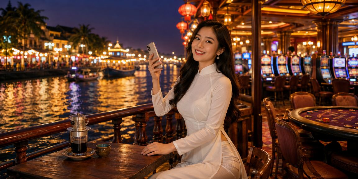 Người dùng chơi casino trên điện thoại tại vùng Mekong với áo dài truyền thống